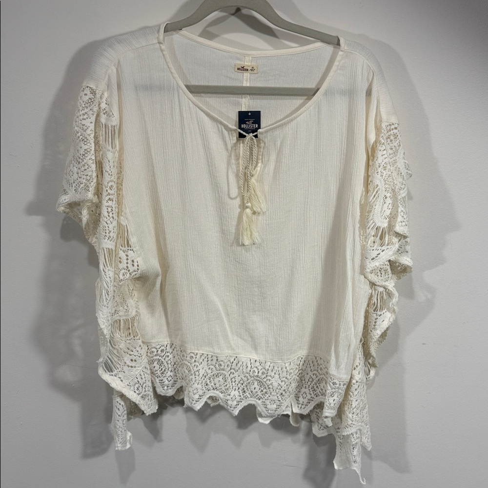 New Hollister Cream Boho Flowy Lace Trim Shirt Size XS